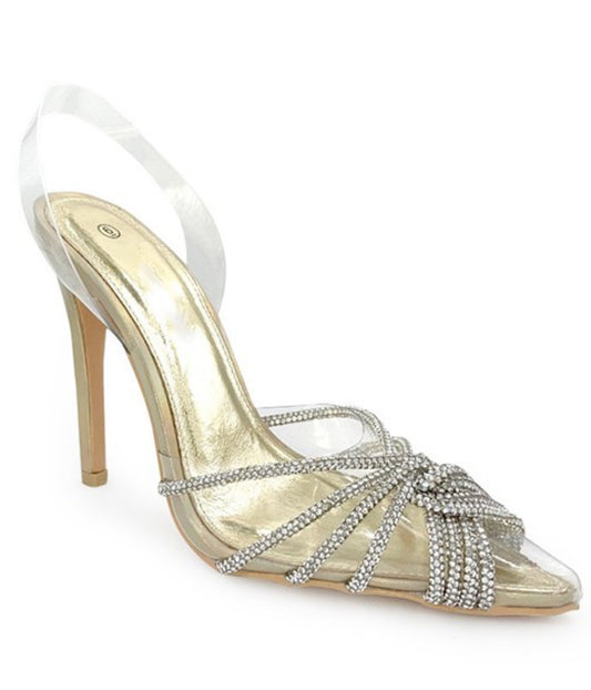 Zapatos de punta y tacón transparente y dorado