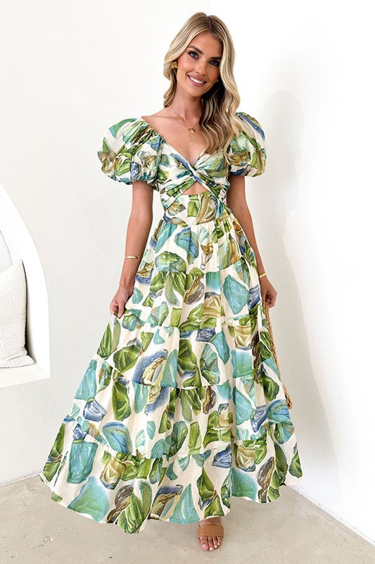 Vestido verde floral con mangas puffed