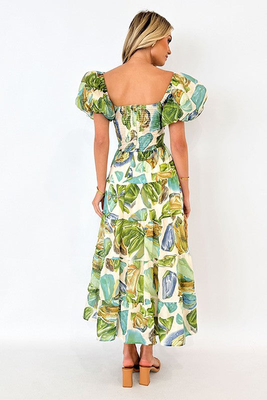 Vestido verde floral con mangas puffed