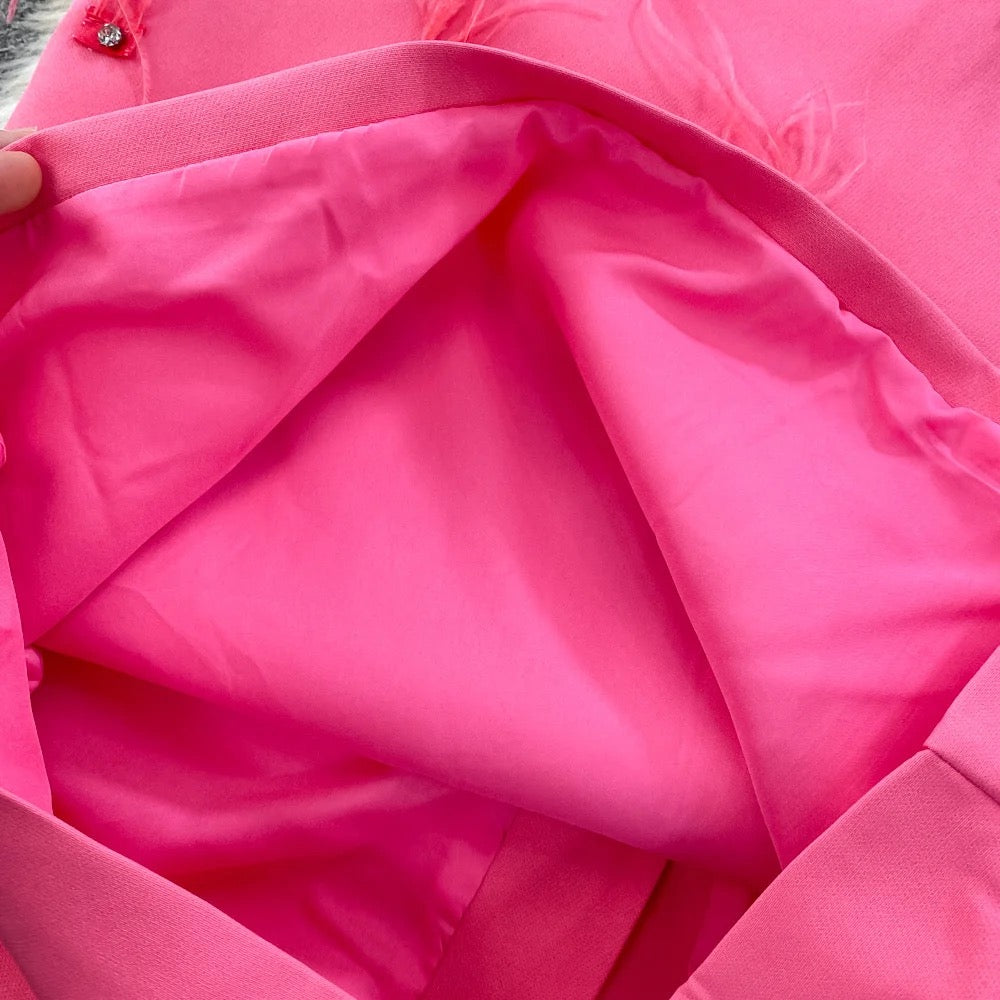 Vestido Rosado con plumas y manga puf