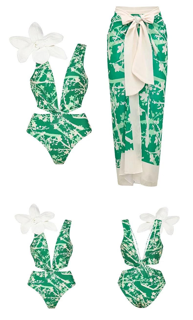 Traje de baño de una pieza con Salida de Baño verde floral