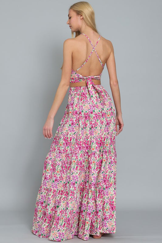 Conjunto floral rosado falda maxi y top