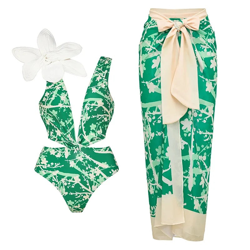 Traje de baño de una pieza con Salida de Baño verde floral