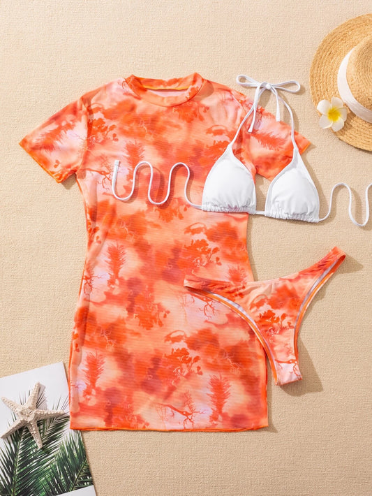 Traje de baño de mini vestido naranja de tres piezas