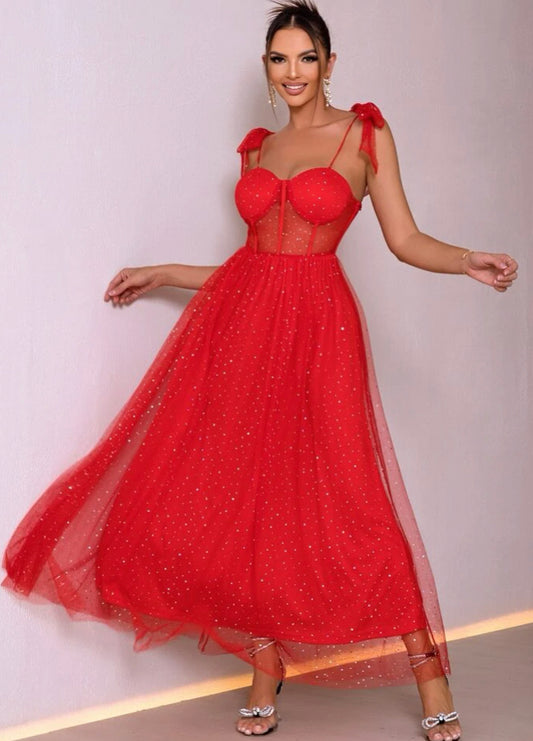 Vestido rojo con Corset y diamantitos